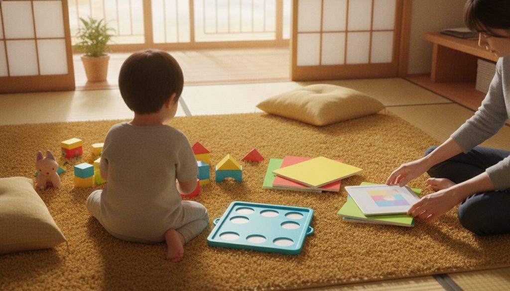 リビングで子どもと親が様々な教材を見る様子