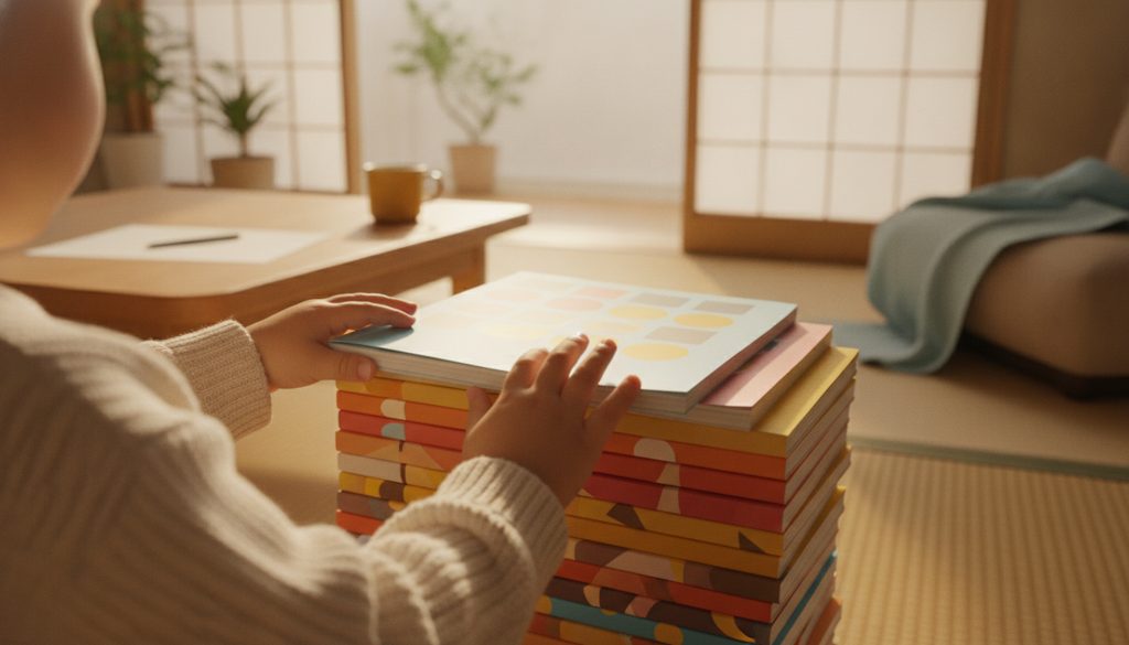 子どもの手元と積み重なった通信教材
