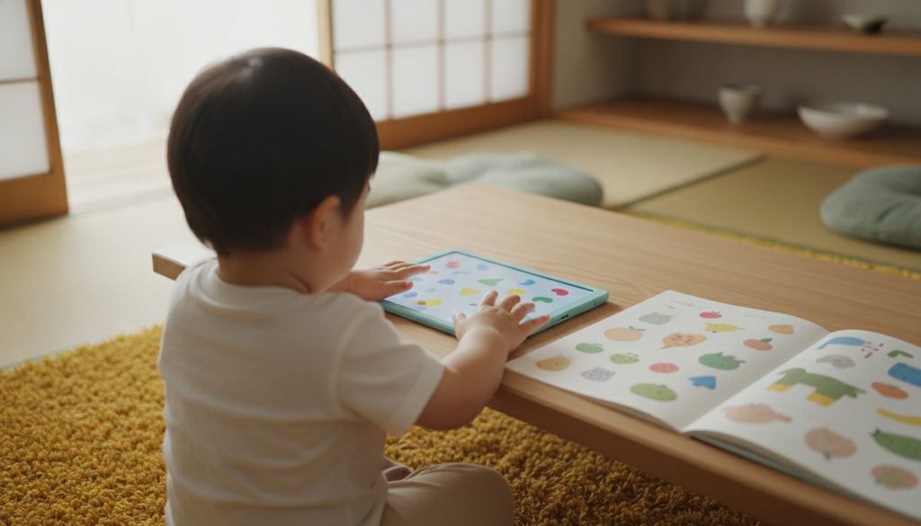 テーブルに置かれたタブレットとワークブックに手を伸ばす子どもの後ろ姿