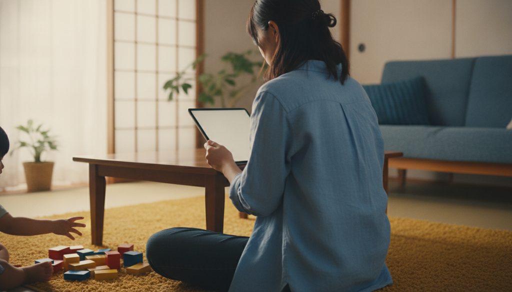 リビングでタブレットを見る親子の手元