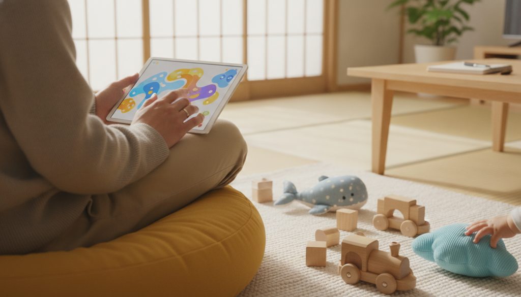 リビングでタブレットを見る親と複数のおもちゃ