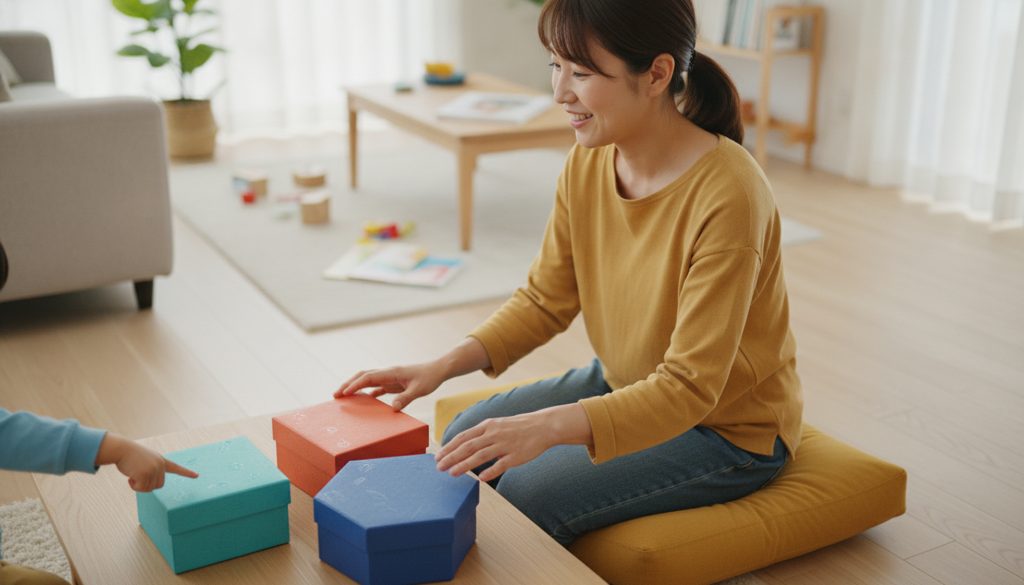 親がカラフルな箱を並べ、子が手を伸ばしている様子