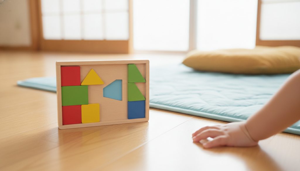 リビングで子どもが木のおもちゃのパーツを探している様子