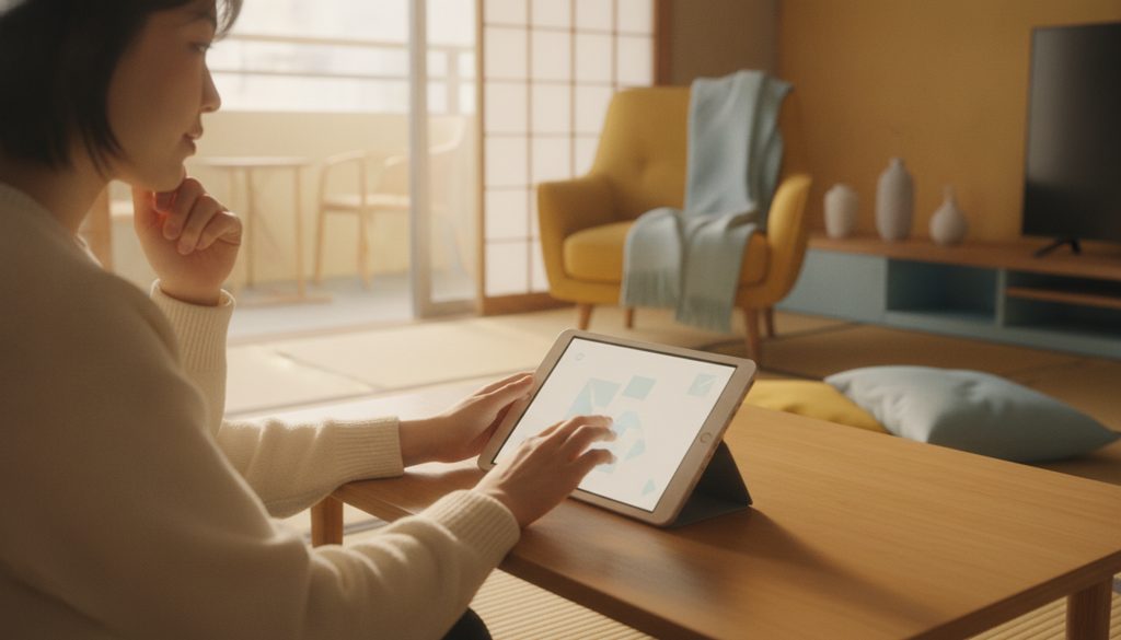 リビングのテーブルに置かれた学習タブレットと、そのそばの親子の手。