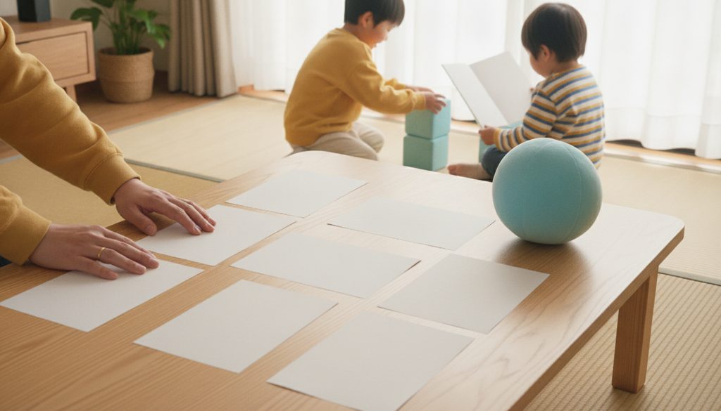 日本のリビングで、親が書類を見ている手元と、空色の学習グッズ