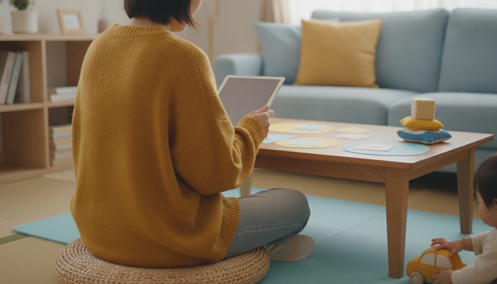 リビングで教材を選ぶ親子の様子