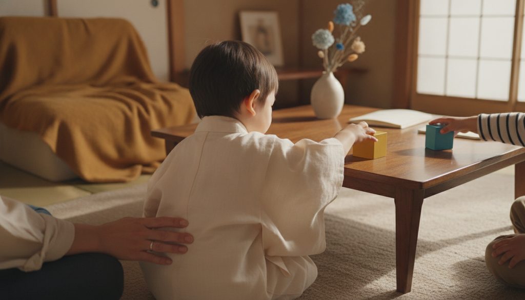 幼い子どもたちがブロックで遊ぶ様子。大人の手が優しくサポート。