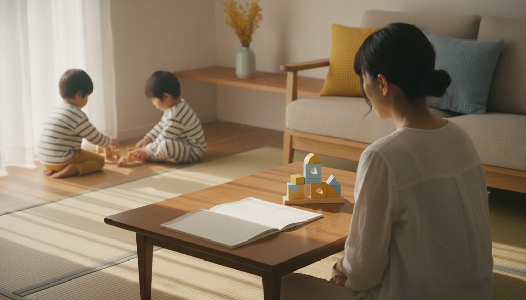 自宅で幼児向け教材を検討する女性の後ろ姿