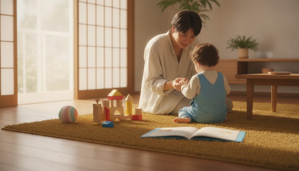 親子の手が遊具に触れる様子。