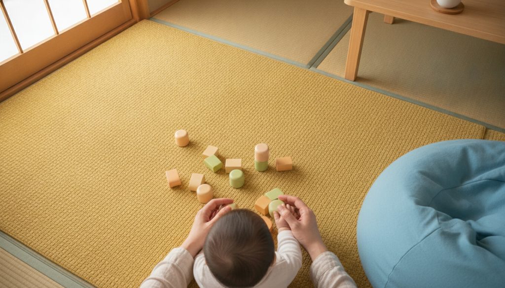親と子が積み木で遊ぶ手元