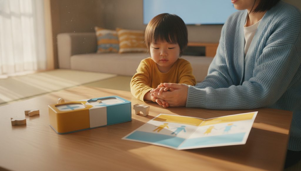 リビングで親子の手が教材とパンフレットを見比べる様子