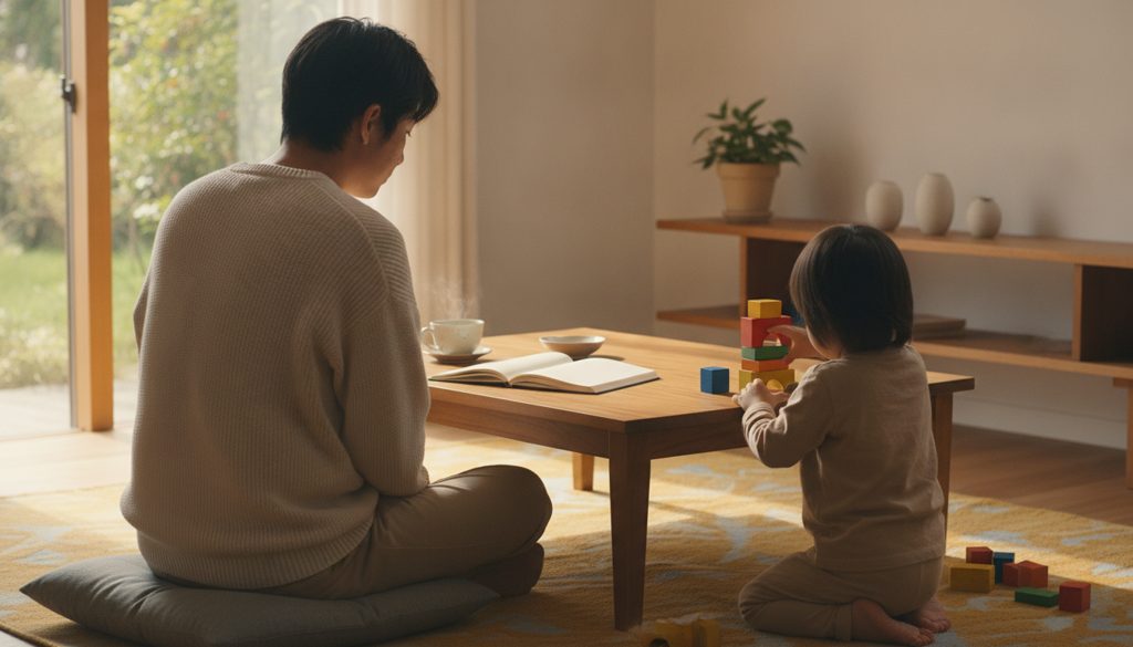 リビングで手帳を見つめる親と遊ぶ子