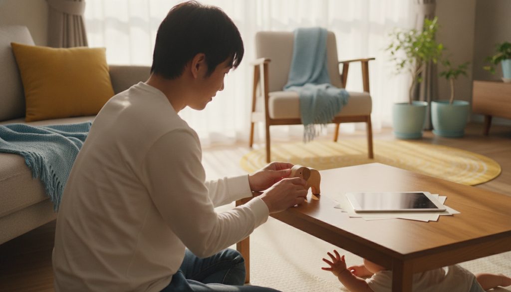 座卓で資料を見る親と手を伸ばす赤ちゃん