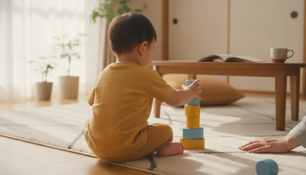 リビングで丸いブロックを積む子どもの手と、見守る親の手