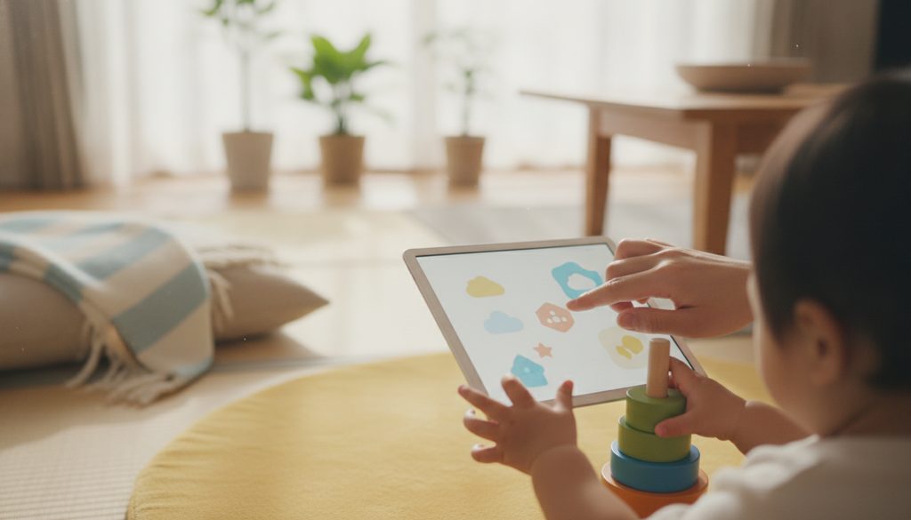 親がタブレットを操作し、子どもがおもちゃで遊ぶ手元の様子。