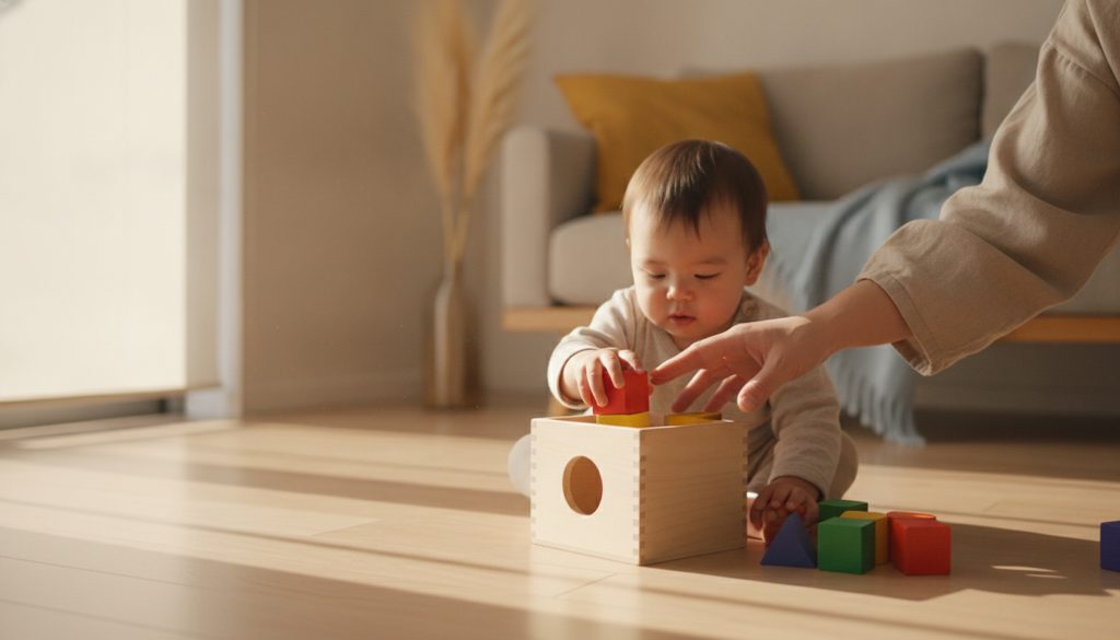 リビングでブロックと容器で遊ぶ子どもの手と親の手