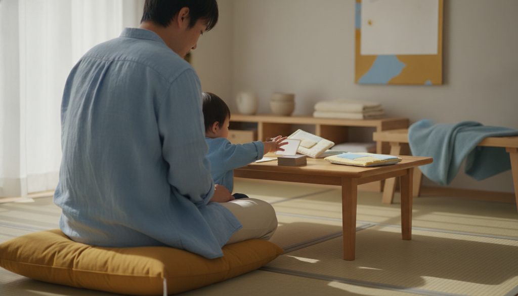 リビングで子どもと教材を見つめる親の後ろ姿