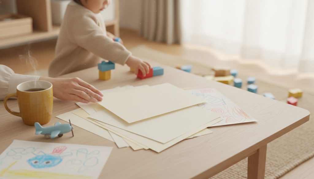 資料を整理する親の手と、近くで遊ぶ子どもの手元