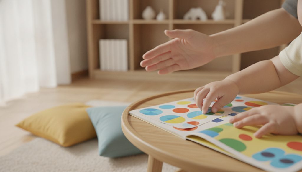 子どもが教材でシールを貼る手元と親の手