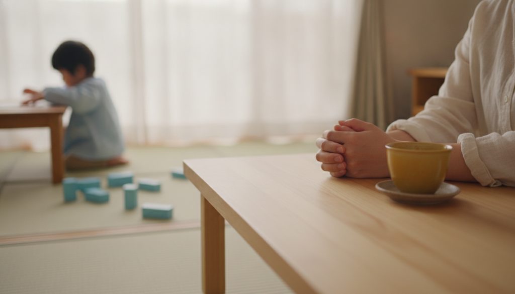 温かいからし色の湯呑みと積み木のそばで、考え事をする親の手元