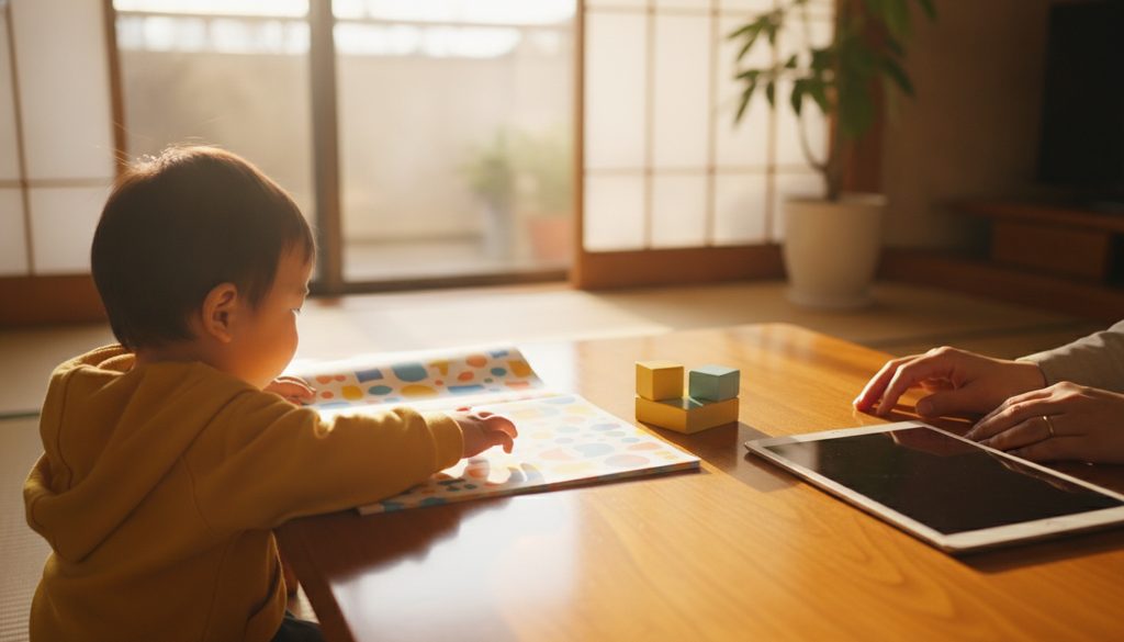 リビングのローテーブルに置かれた様々な教材と、それらに手を伸ばす親子