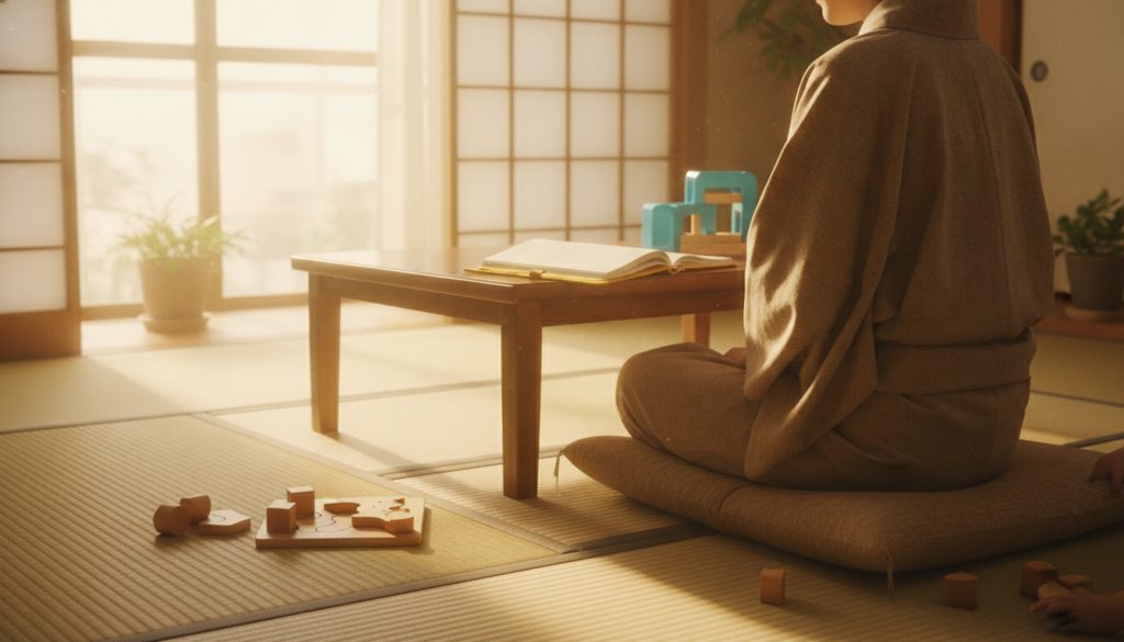 リビングで手帳と教材を見る親の後ろ姿