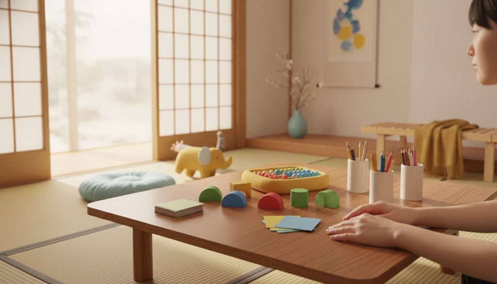 和室のローテーブルに置かれた幼児向け教材と大人の手