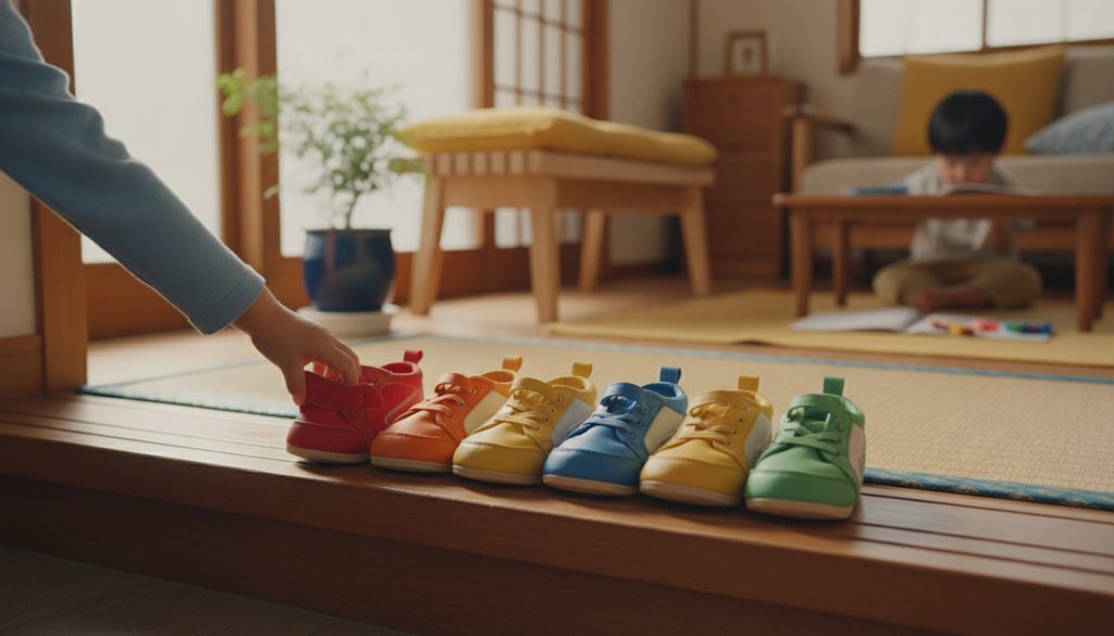 玄関で靴を履こうとする子どもの手元