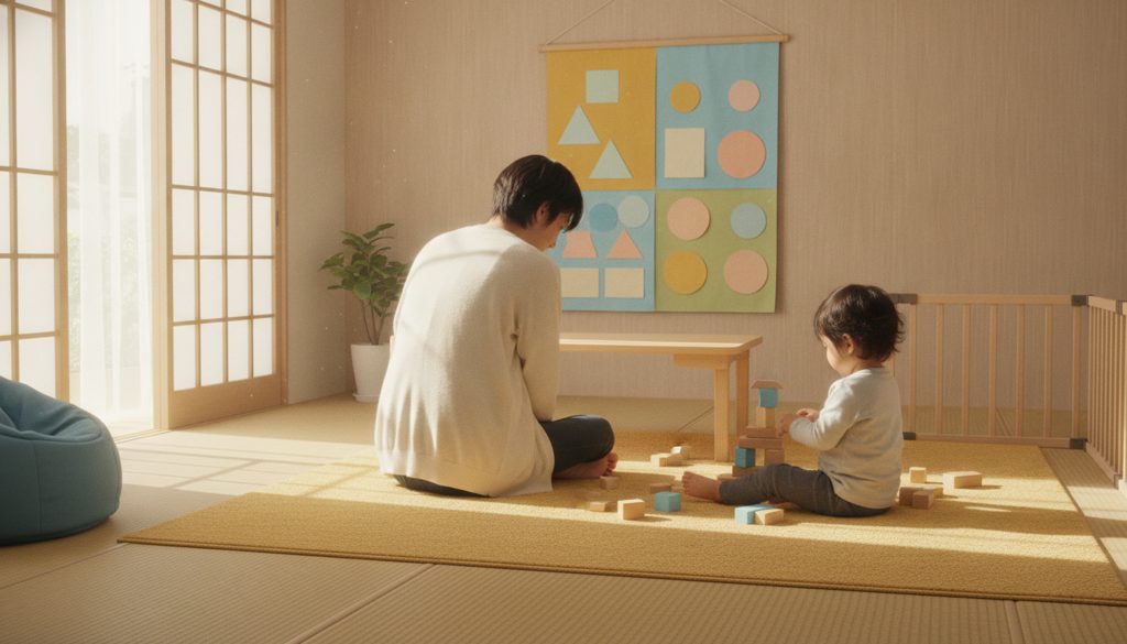 親が壁のチャートを見て、子どもが遊んでいる