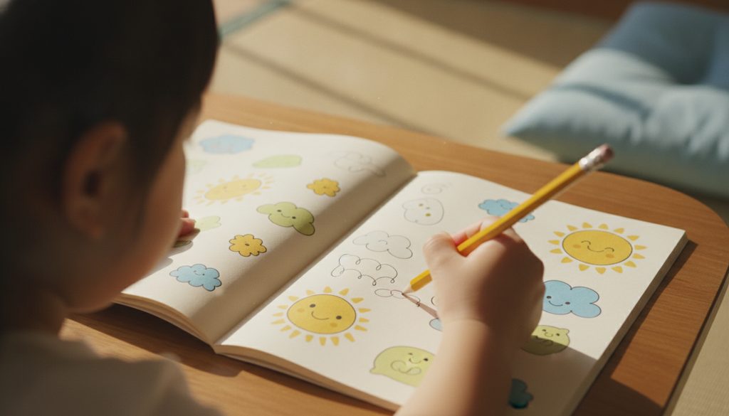 ワークで文字を書く子どもの手元
