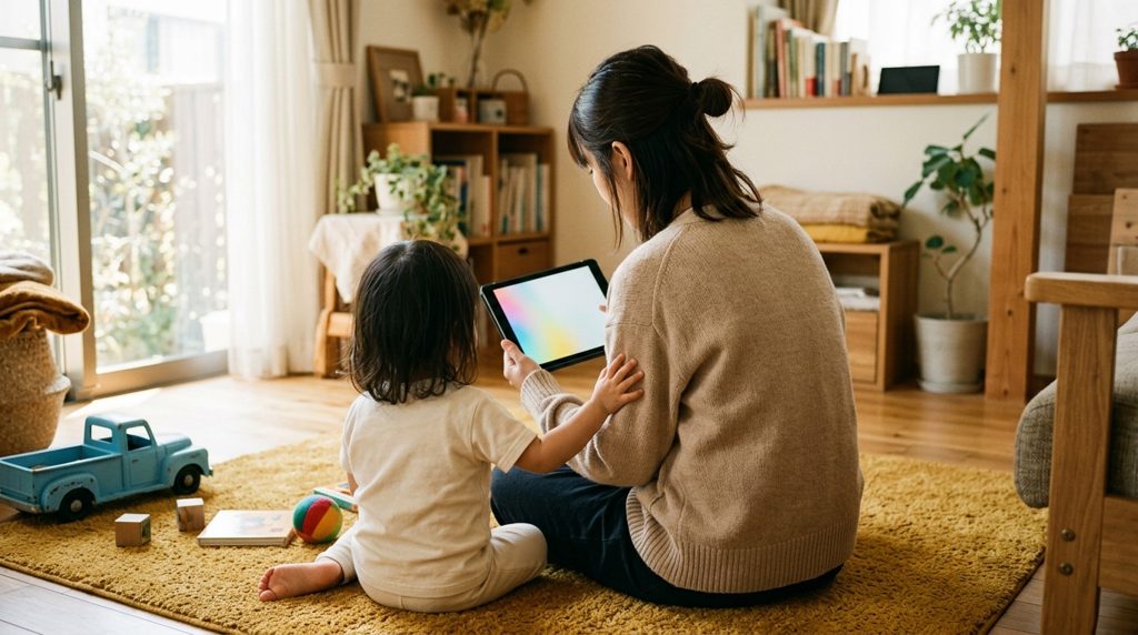 リビングでタブレットを見る母親と子どもの手元