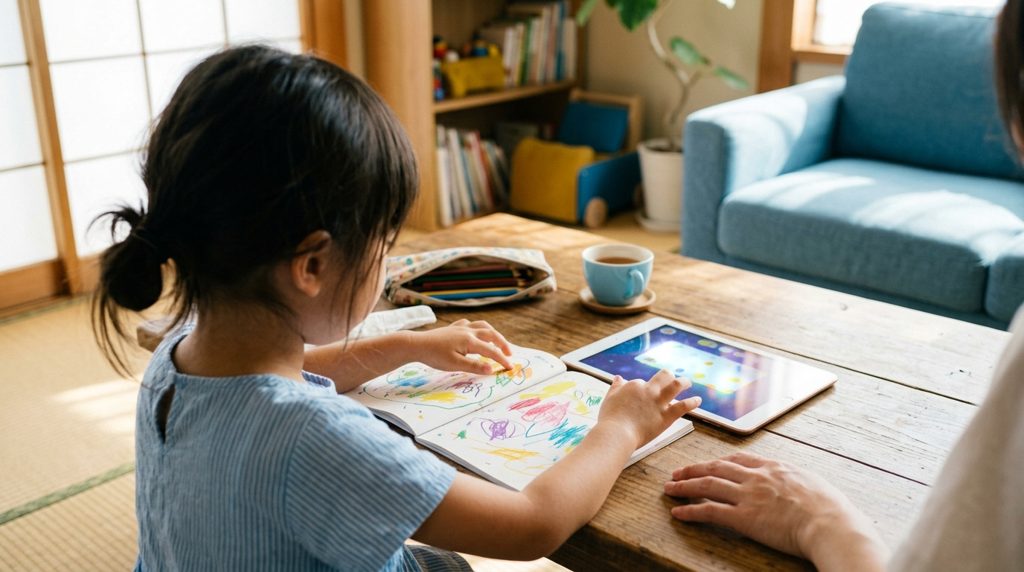 リビングで紙の教材とタブレットを見比べる子供