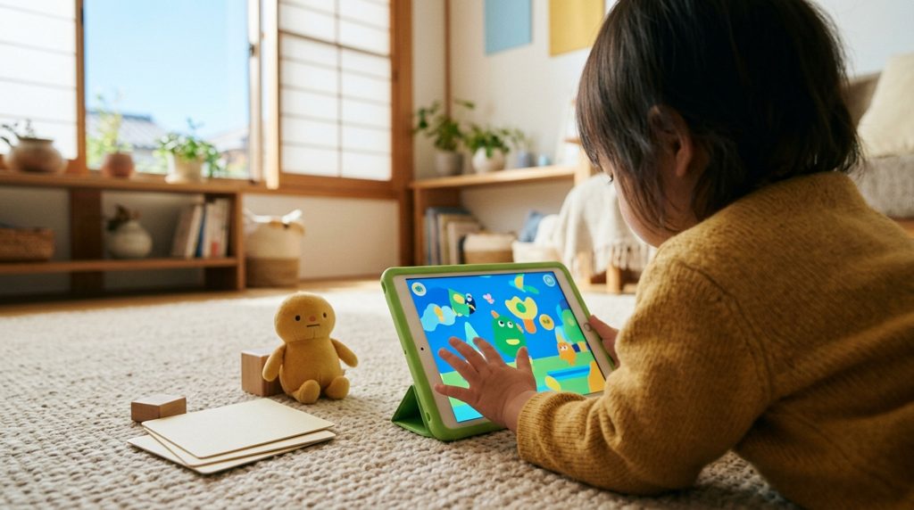 タブレットと知育おもちゃで遊ぶ子どもの手元