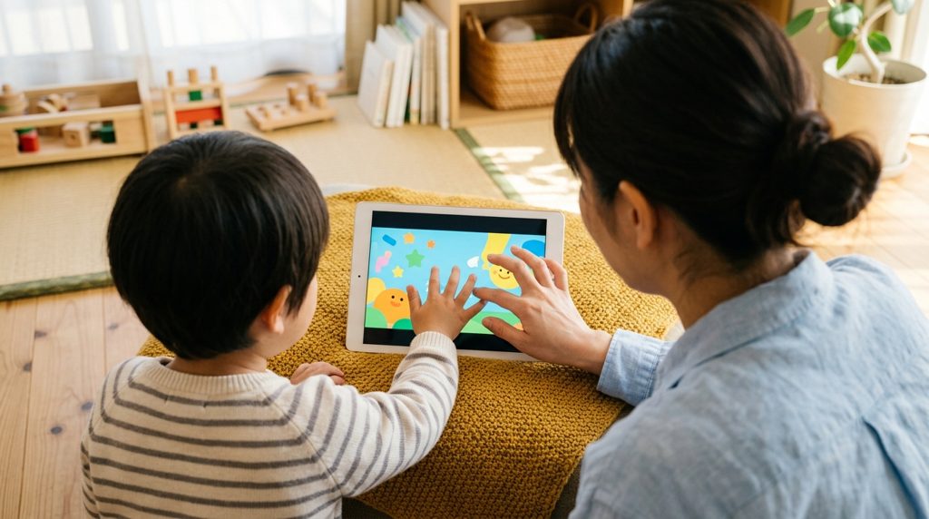親子の手がタブレット画面に触れている様子