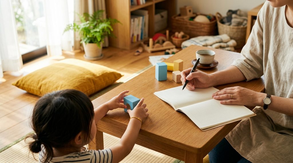和やかなリビングで、母親がノートを開き、子供がブロックで遊んでいる様子。