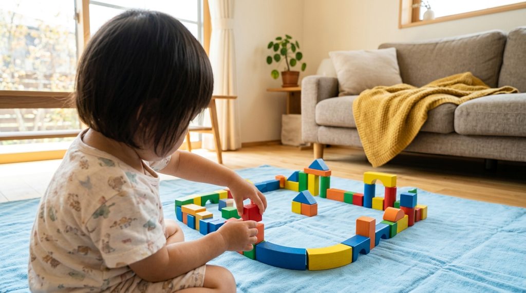 リビングで積み木を並べて遊ぶ幼児の手元