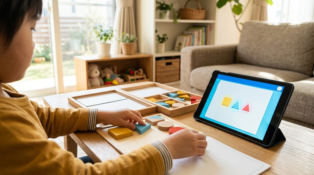 リビングで子供がタブレットと教材キットで遊ぶ様子
