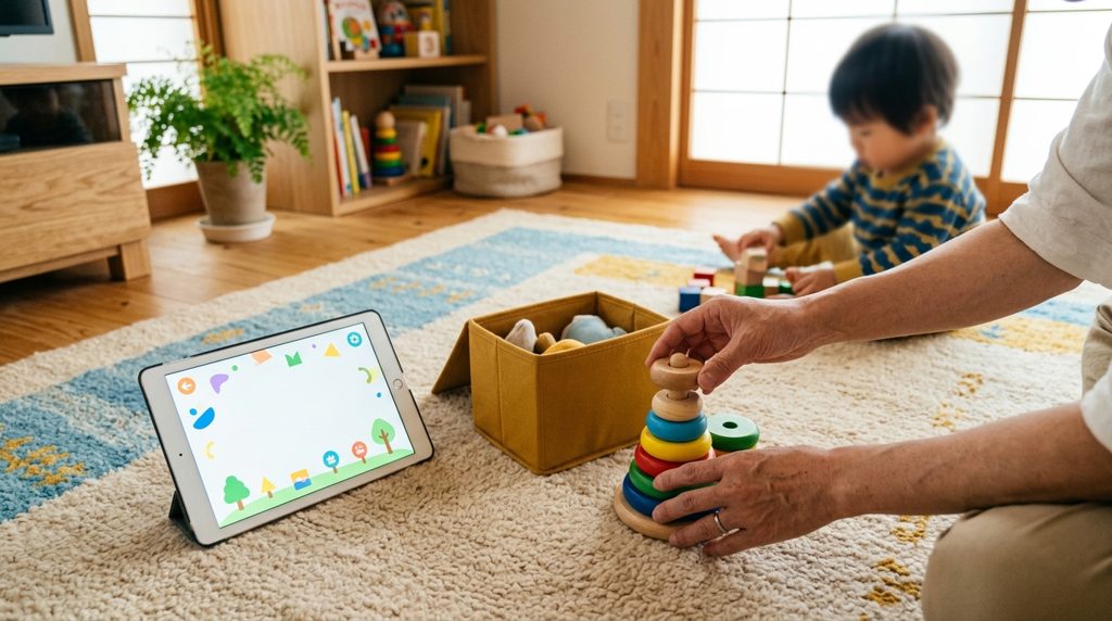 積み木、タブレット、教材の箱が並べられた床に、親の手が見える