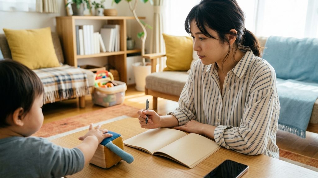 検討中の母と遊ぶ子どもの手元