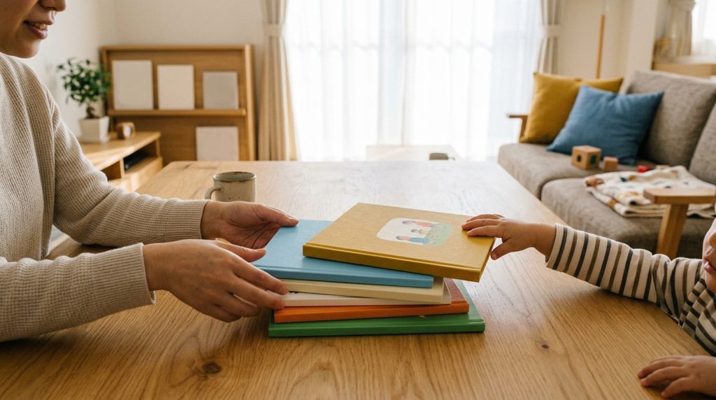 リビングで絵本を整理する親と子ども