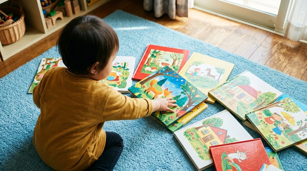 明るいリビングで、子供の手が絵本を選ぶ様子