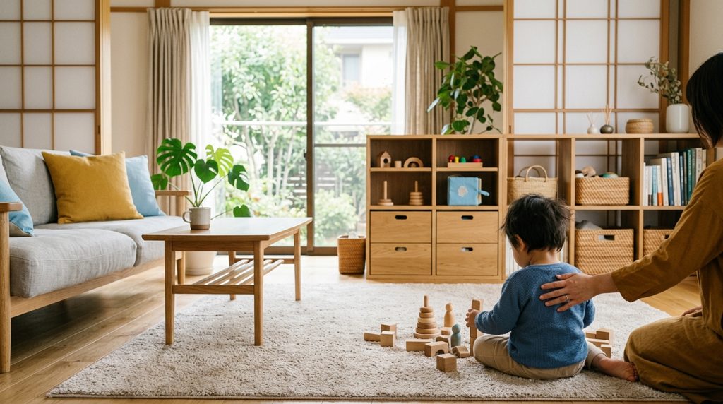 リビングで遊ぶ子と、整頓された知育玩具の収納棚