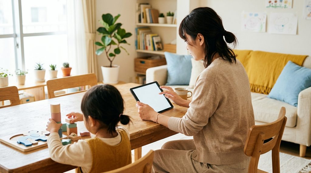 リビングでタブレットを確認する母親と知育玩具