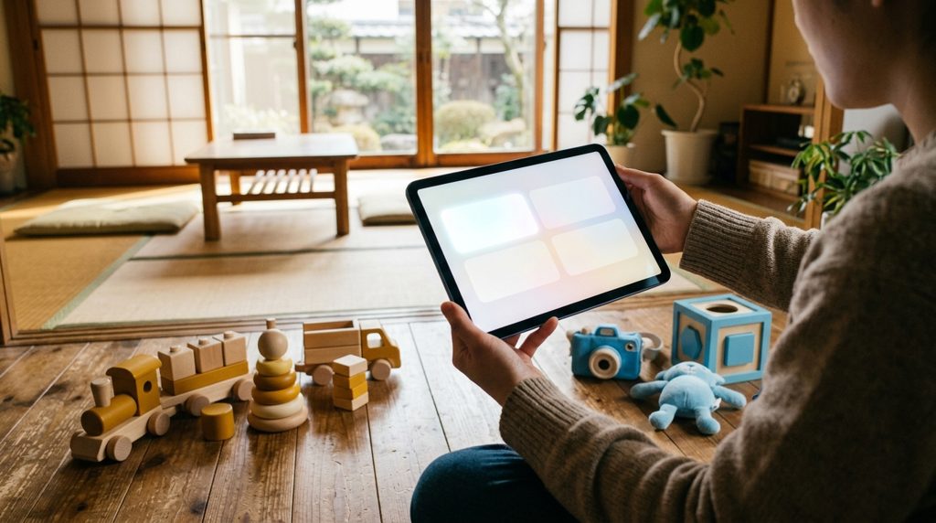 リビングでタブレットを持つ親の手元と、遊び道具