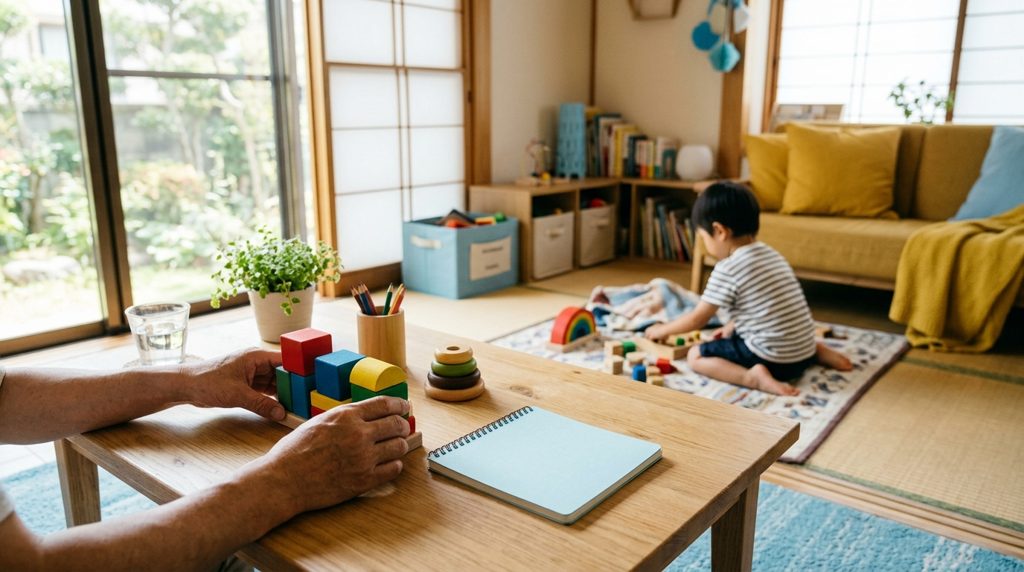 親が知育玩具とワークを比べる手元