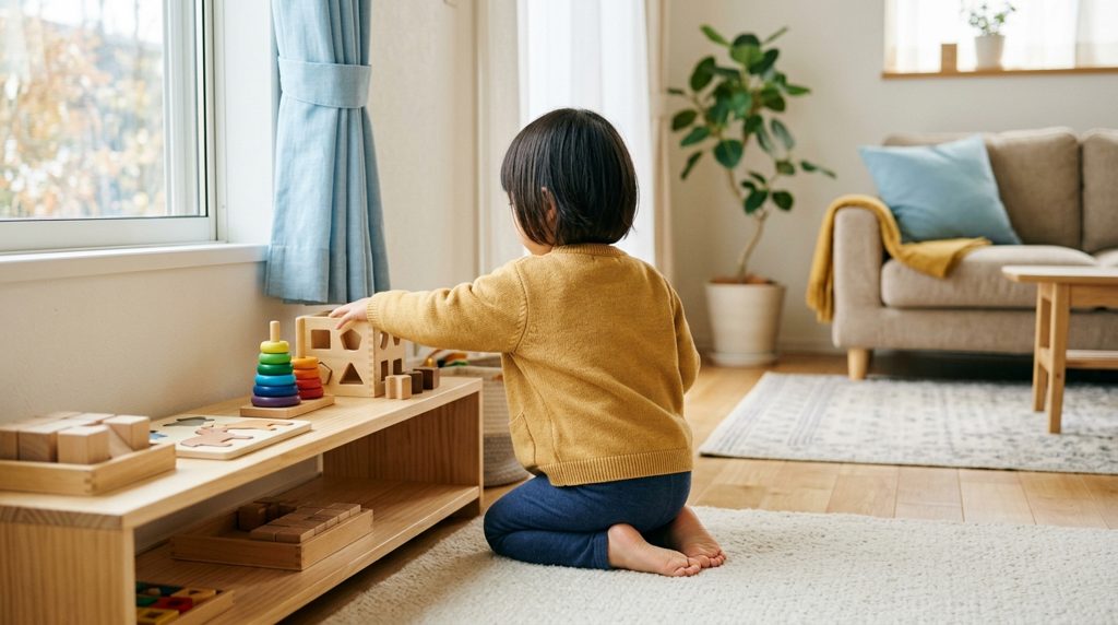 子どもが棚から木のおもちゃを選んでいる様子。