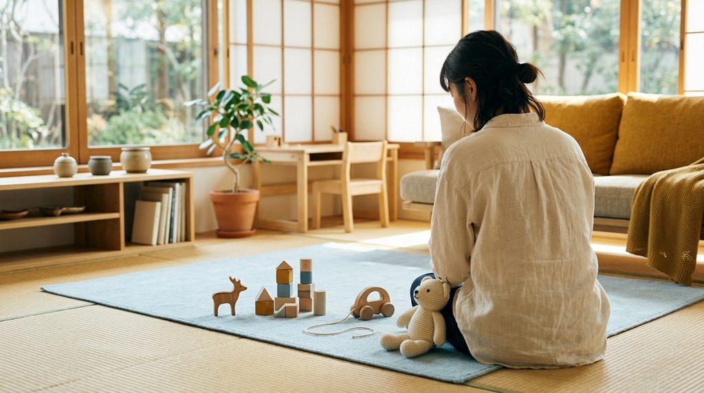 畳に座り、水色のラグ上の複数のおもちゃを見比べる親