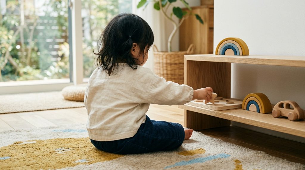 低い棚の木製玩具に手を伸ばす子どもの後ろ姿