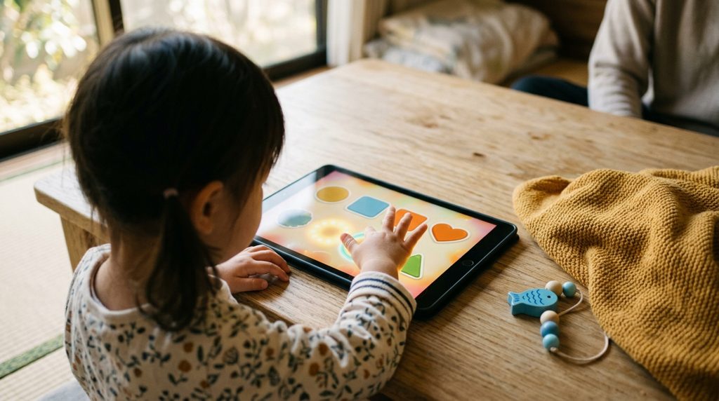 リビングでタブレットを操作する子どもの手元