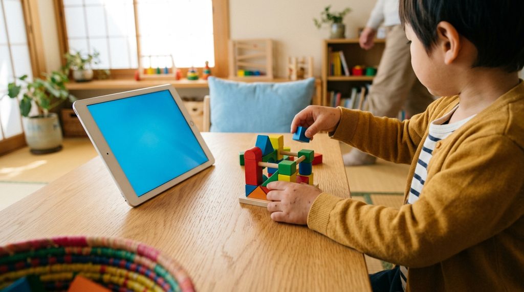 知育キットで遊ぶ子どもの手とそばのタブレット